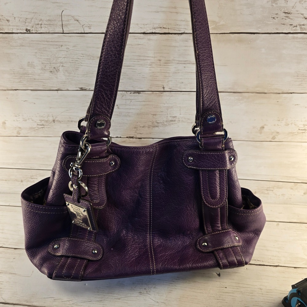 Tignanello Purple Pebbled Leather Shoulder Bag Tote Silver Hardware